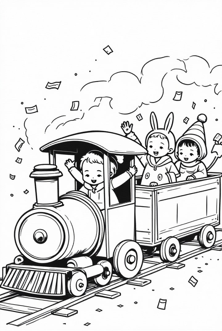 Dibujo para colorear fiesta de carnaval en un tren