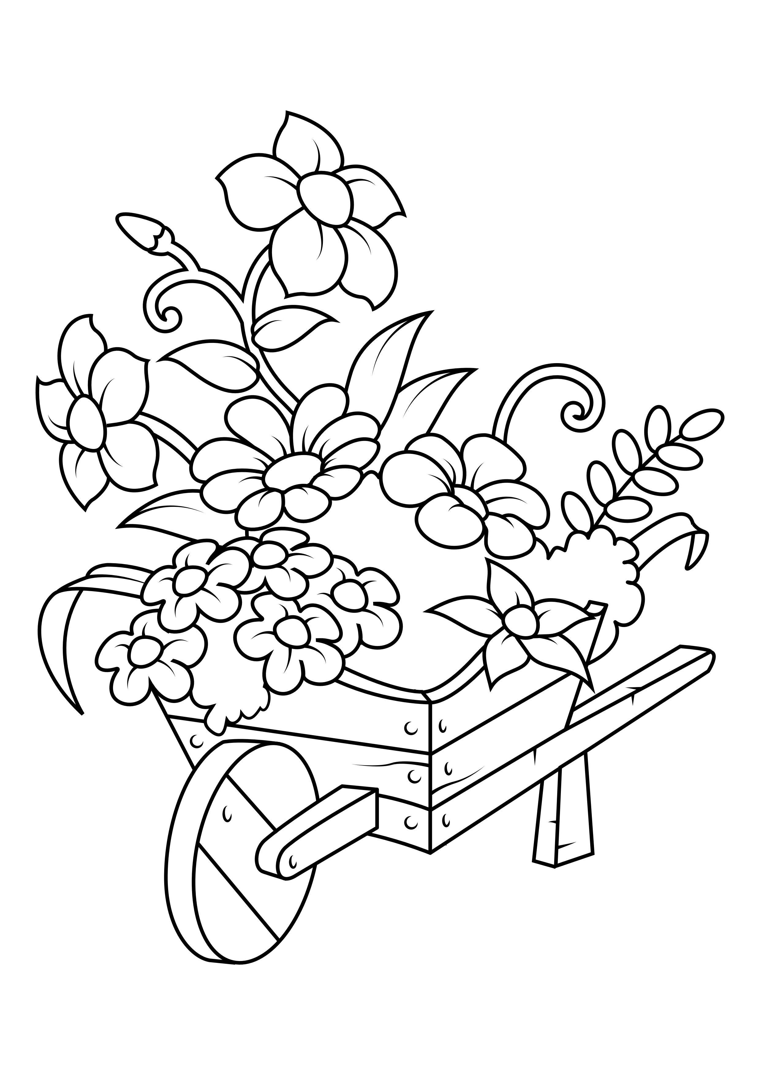 Dibujo para colorear flores en carretilla