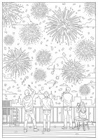 Dibujo para colorear fuegos artificiales en año nuevo