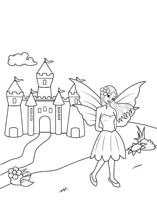 Dibujo para colorear hada en el castillo