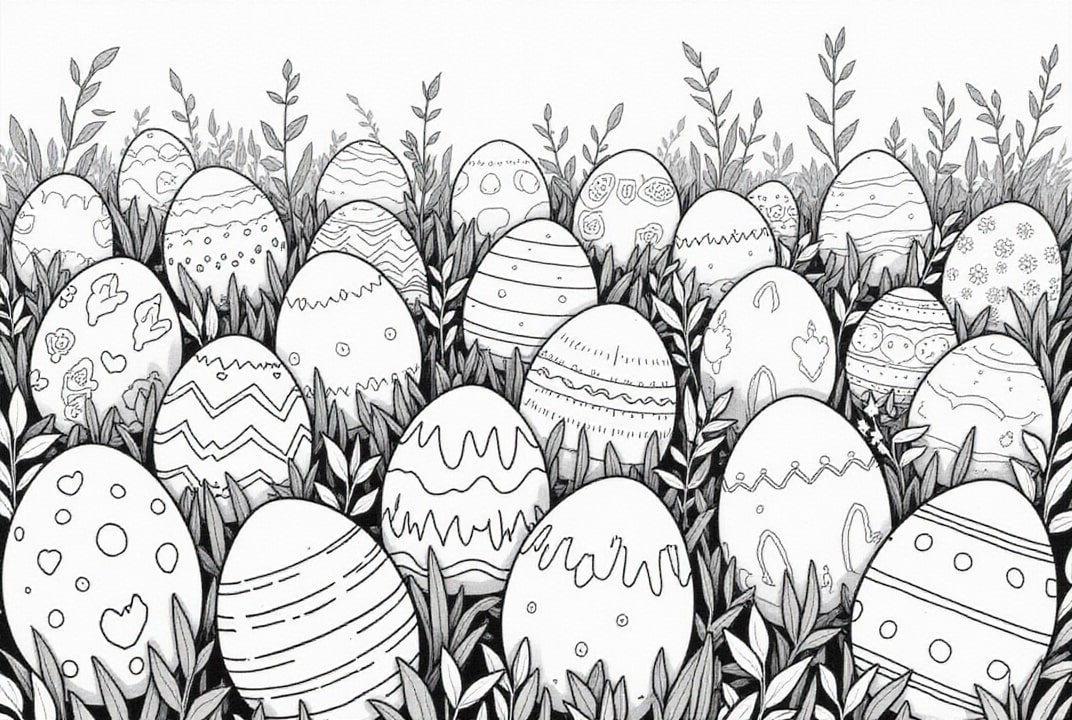 Dibujo para colorear huevos de pascua en el jardin