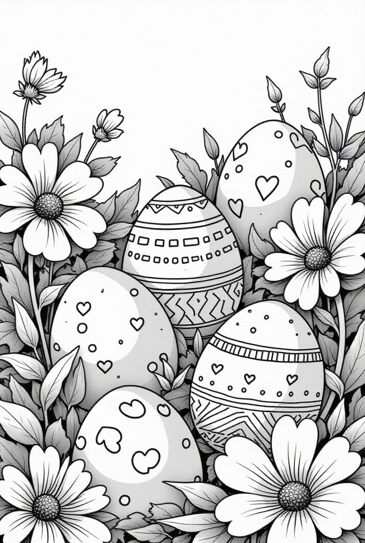 Dibujo para colorear huevos de pascua en el prado