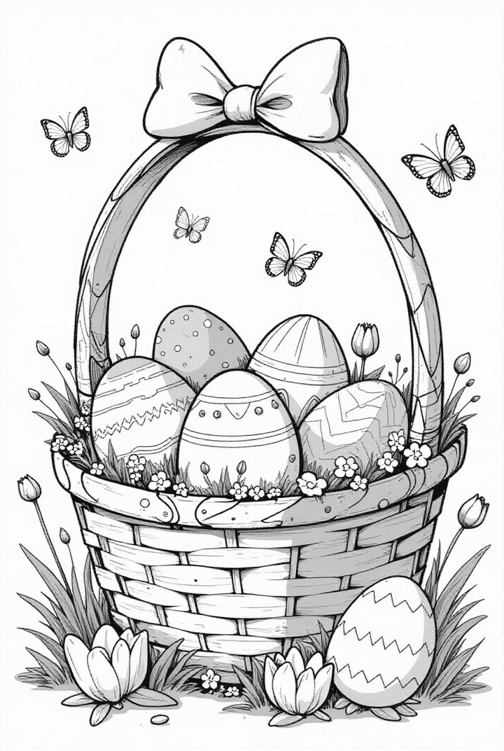 Dibujo para colorear huevos de pascua en la canasta