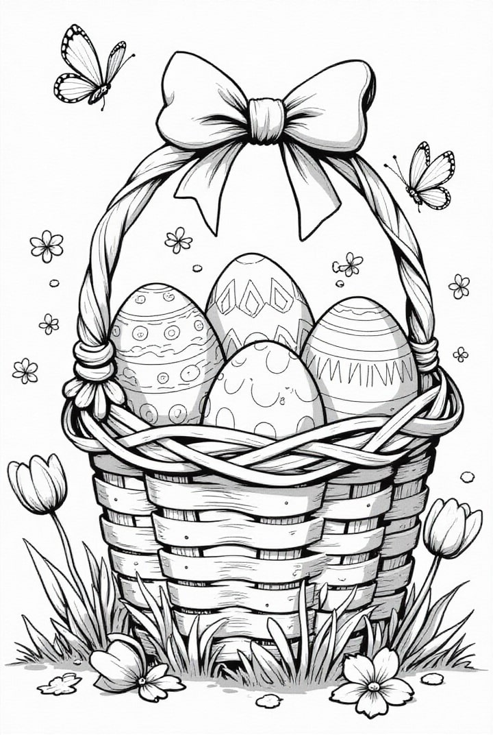 Dibujo para colorear huevos de pascua en la canasta