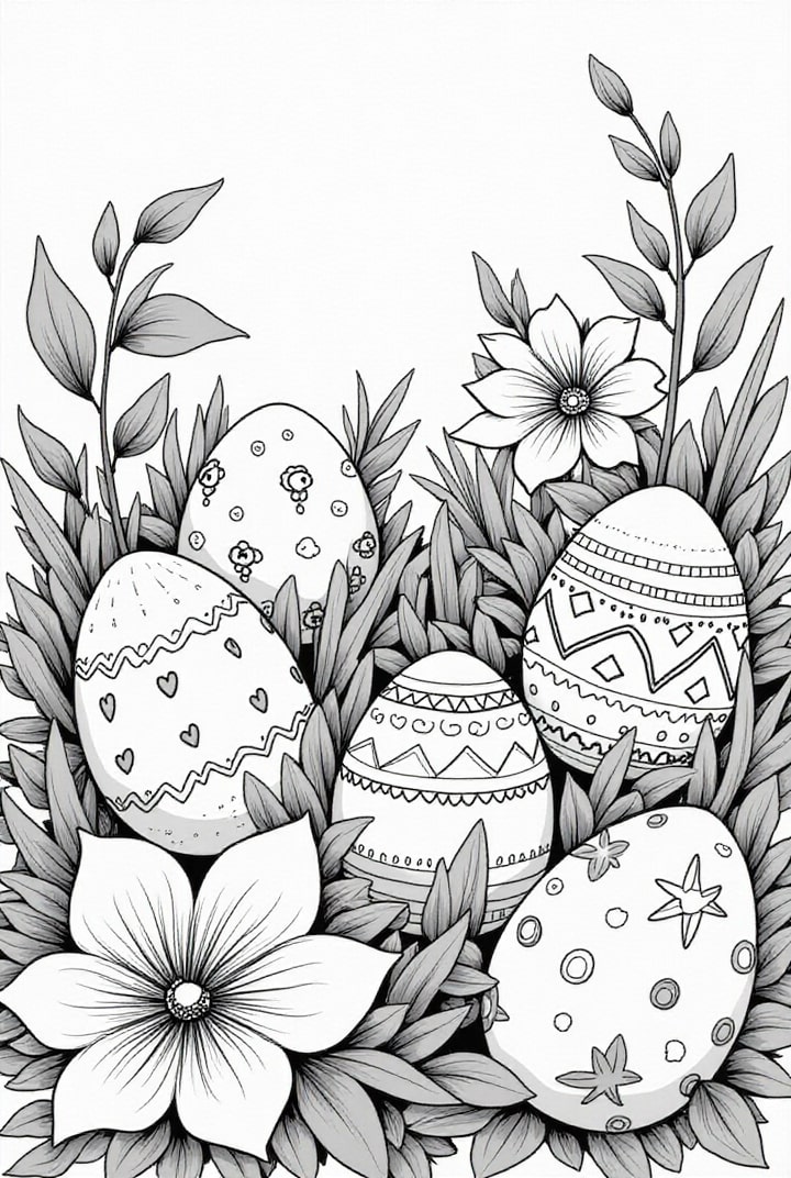 Dibujo para colorear huevos de pascua en la hierba