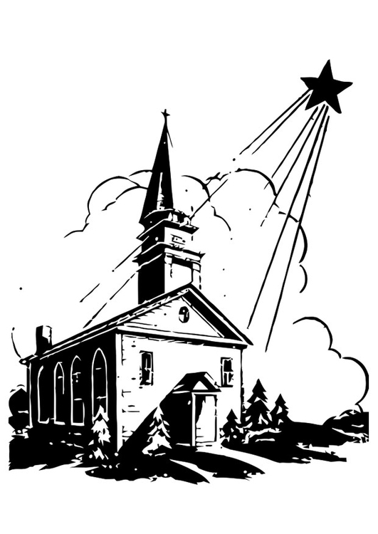 Dibujo para colorear iglesia con estrella de navidad