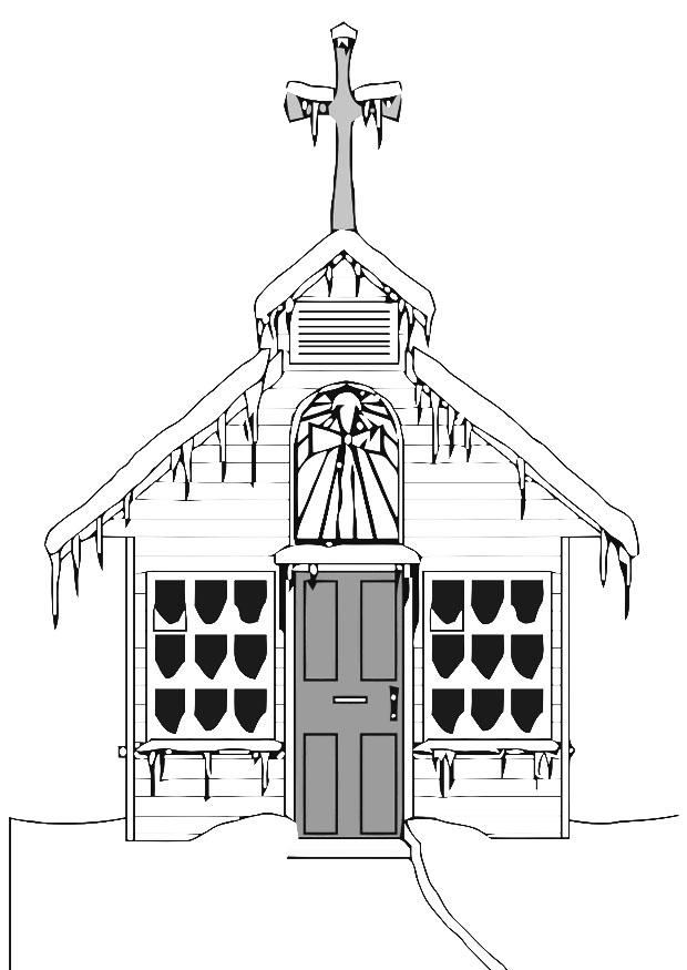 Dibujo para colorear iglesia en invierno