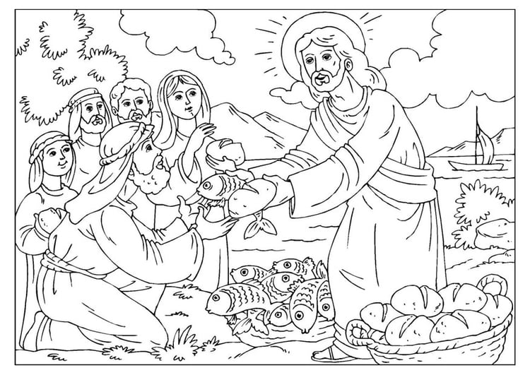 Dibujo para colorear JesÃºs reparte el pan y los peces