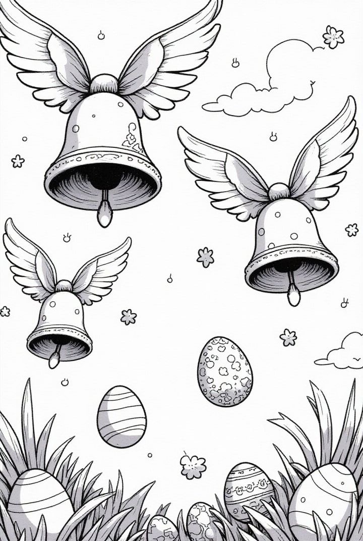 Dibujo para colorear Las campanas de Pascua dispersan los huevos