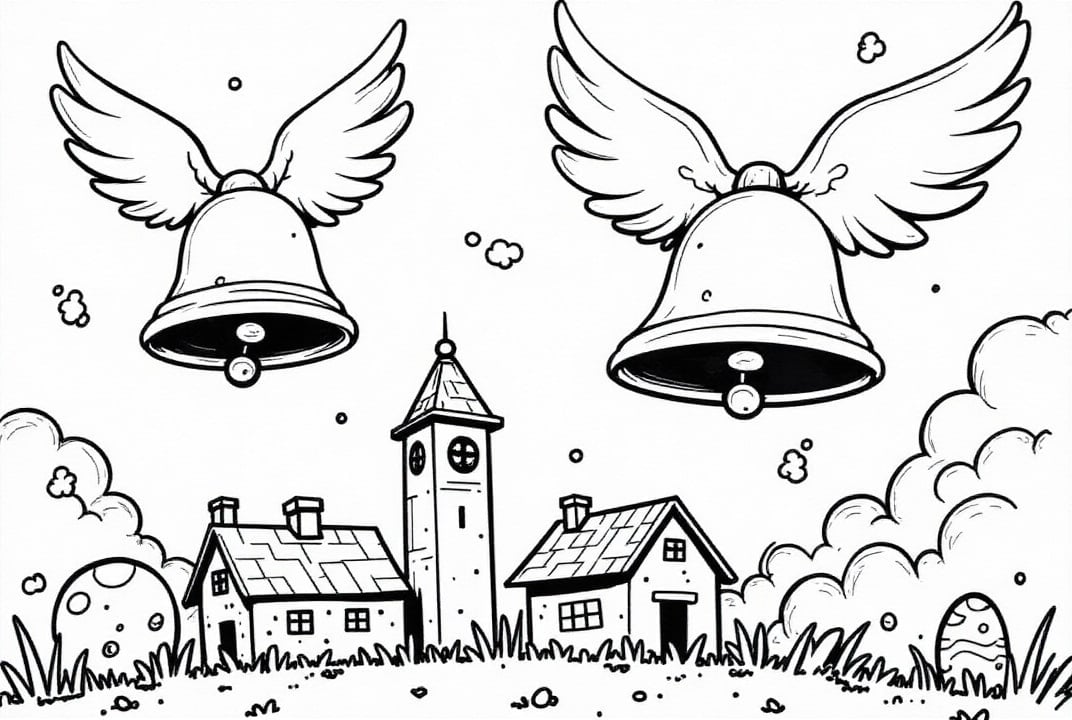 Dibujo para colorear Las campanas de Pascua ondean sobre el pueblo