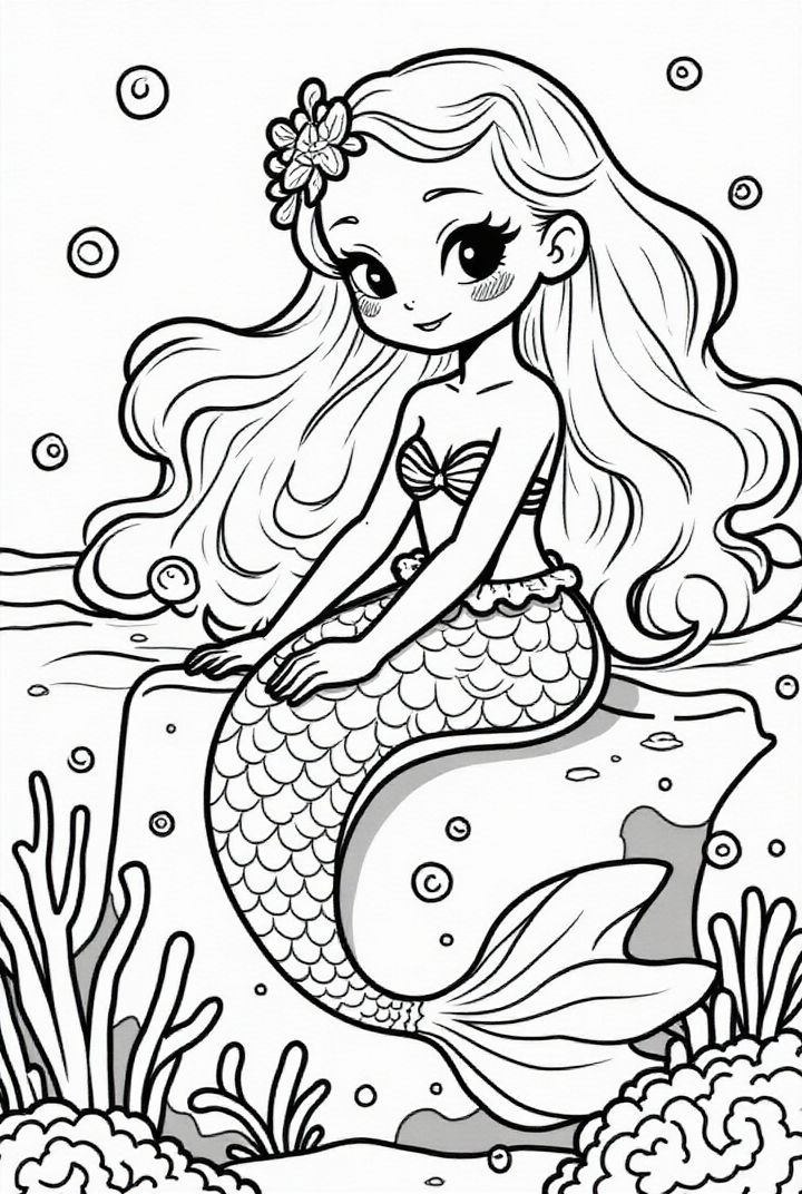 Dibujo para colorear linda sirena en el mar