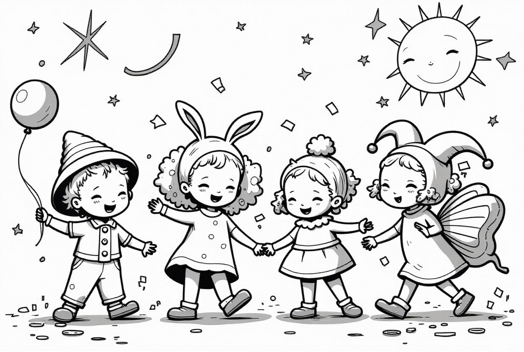 Dibujo para colorear Los niÃ±os pequeÃ±os celebran el carnaval