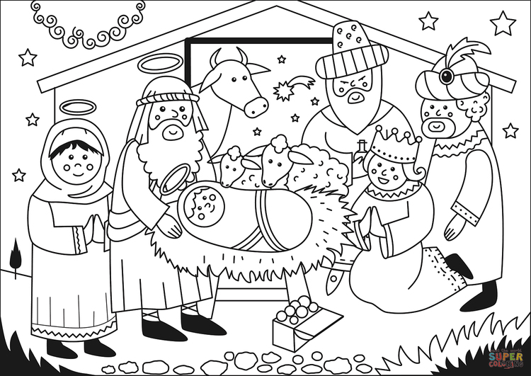 Dibujo para colorear los tres reyes magos con jesus