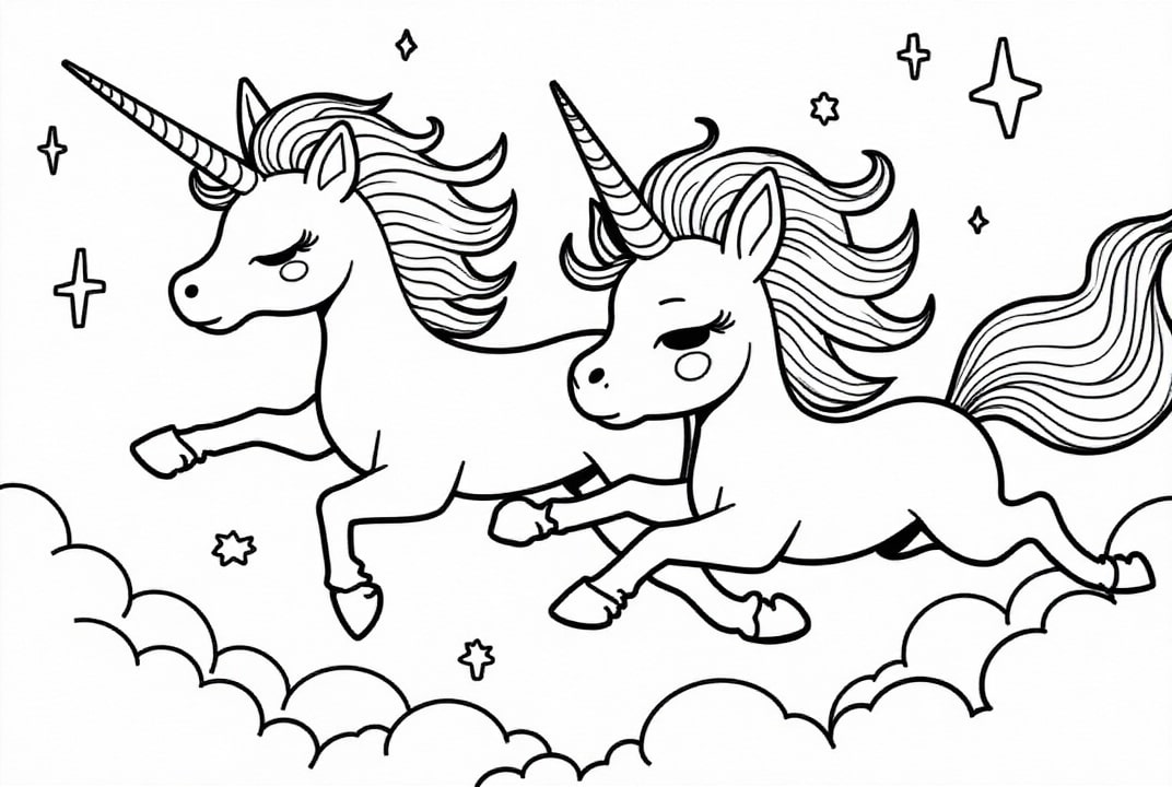 Dibujo para colorear Los unicornios vuelan por la noche