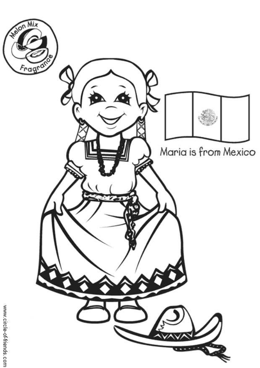 Dibujo para colorear MarÃ­a con bandera mexicana