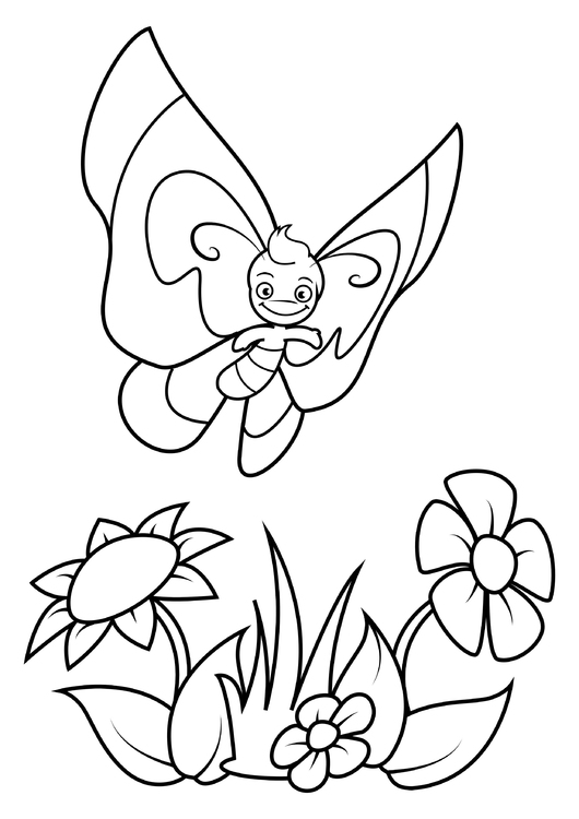 Dibujo para colorear mariposa sobre flores