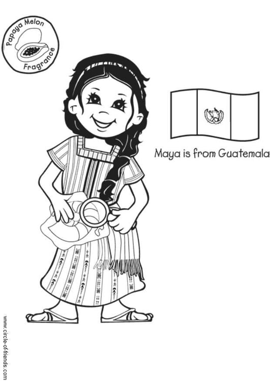 Dibujo para colorear Maya de Guatemala con bandera