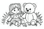 Dibujo para colorear muÃ±eca y oso en la hierba