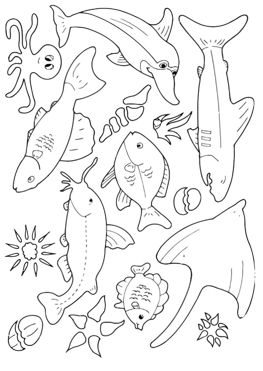 Dibujo para colorear muchos peces en el mar