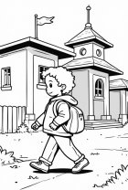 Dibujo para colorear niño en camino a la escuela