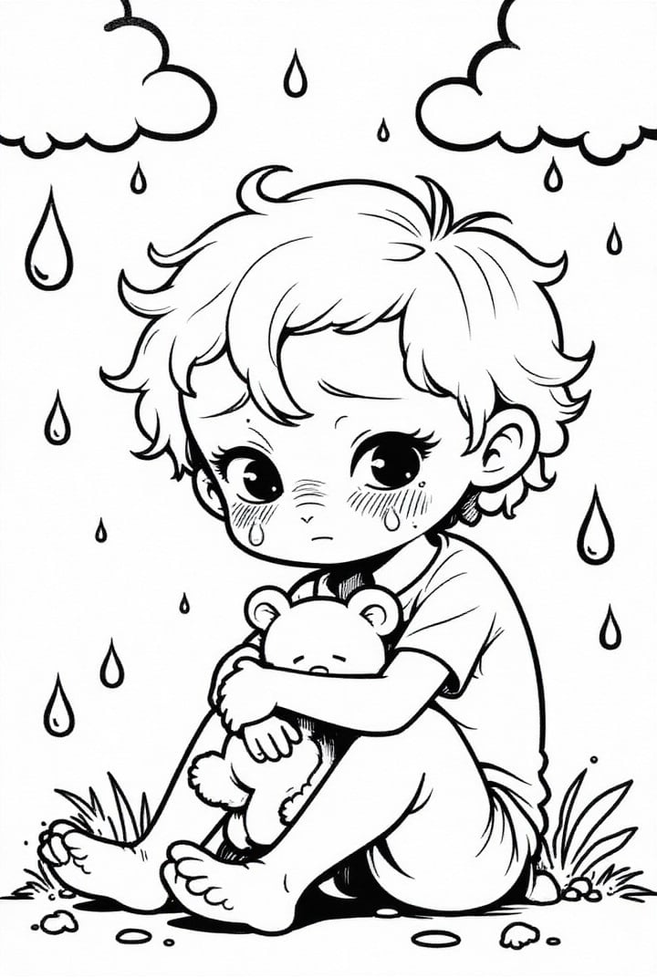 Dibujo para colorear niÃ±o triste con oso