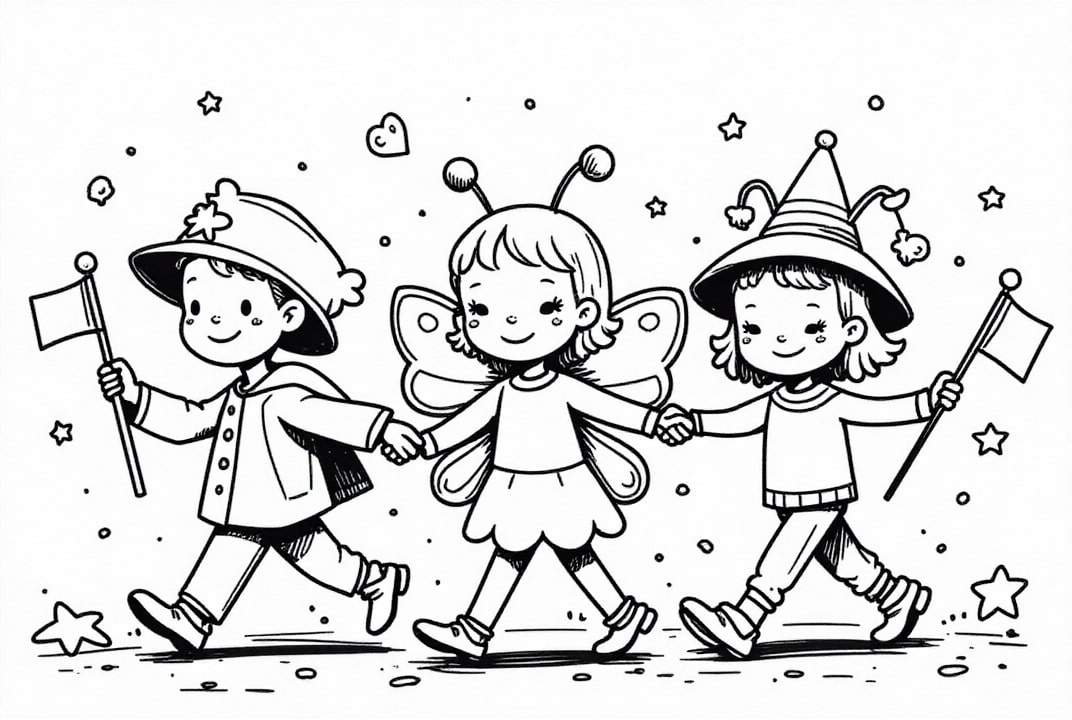 Dibujo para colorear NiÃ±os con banderas en carnaval