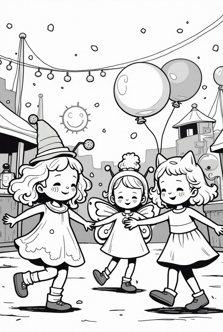 Dibujo para colorear NiÃ±os con globos celebrando el carnaval