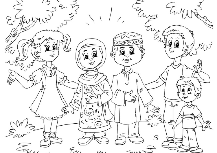 Dibujo para colorear niÃ±os musulmanes con niÃ±os occidentales