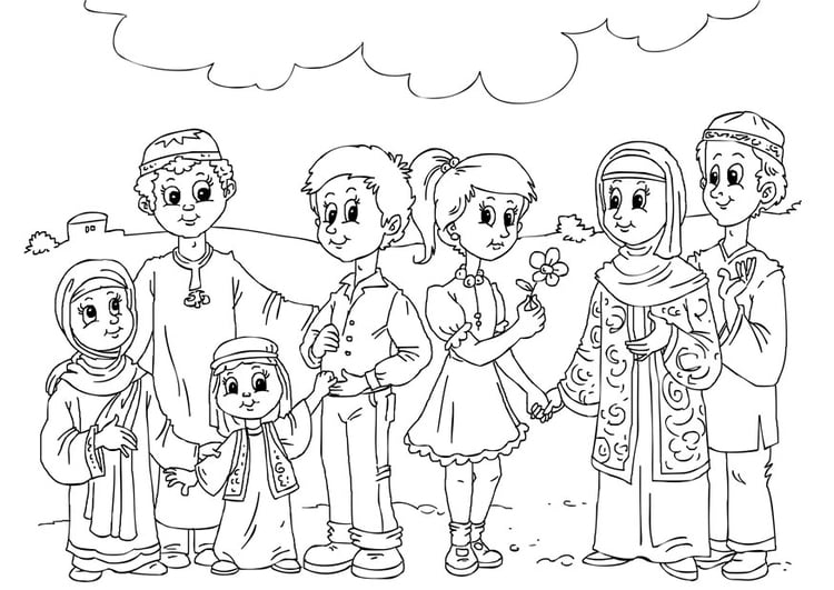 Dibujo para colorear niños occidentales en la cultura musulmana - Dibujos  Para Imprimir Gratis - Img 26233