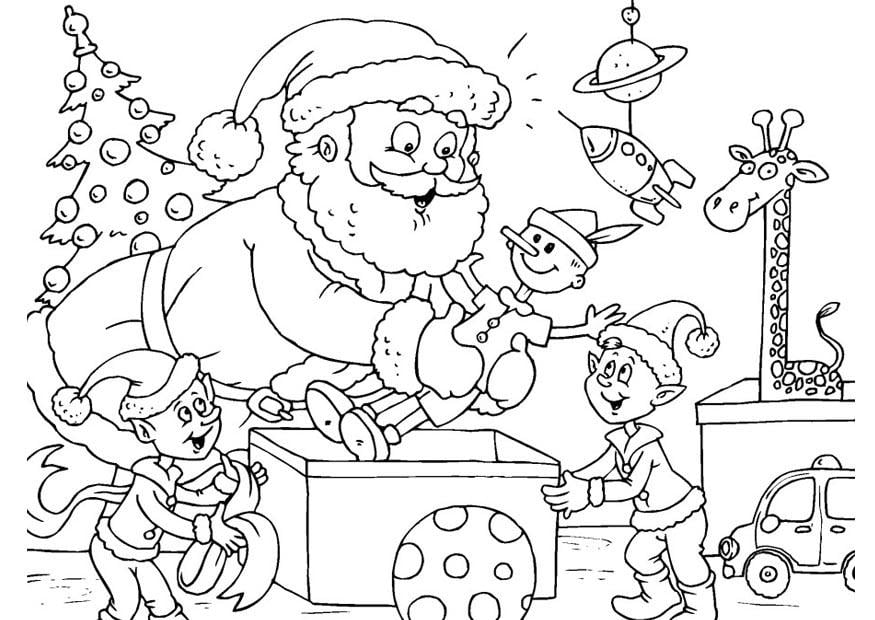 Dibujo para colorear PapÃ¡ Noel con elfos