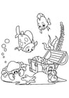 Dibujo para colorear peces y cangrejos encuentran tesoros