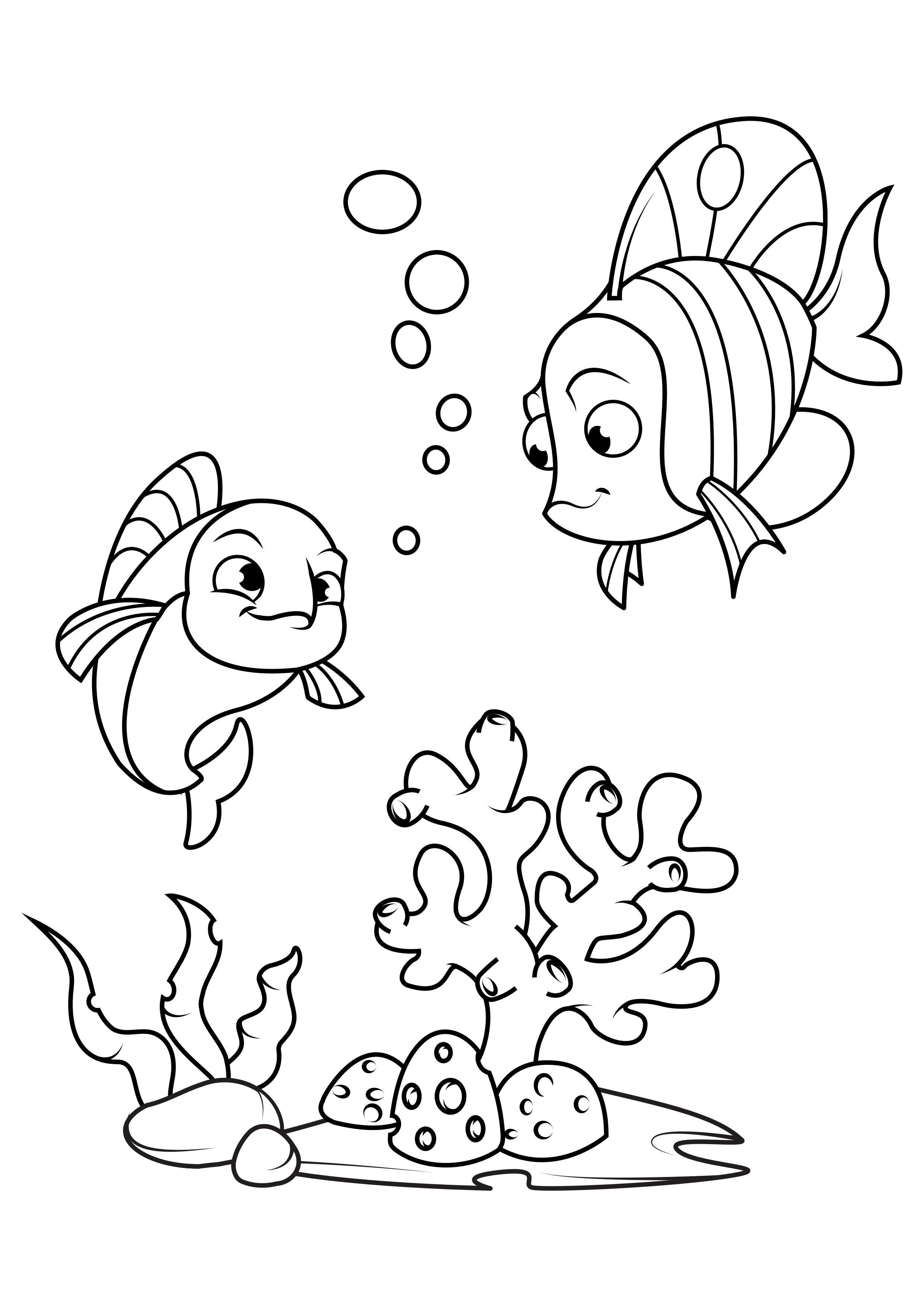 Dibujo para colorear pescado con amigo en el mar