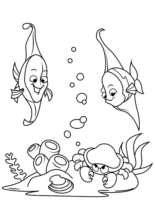 Dibujo para colorear pescado en el mar con cangrejo