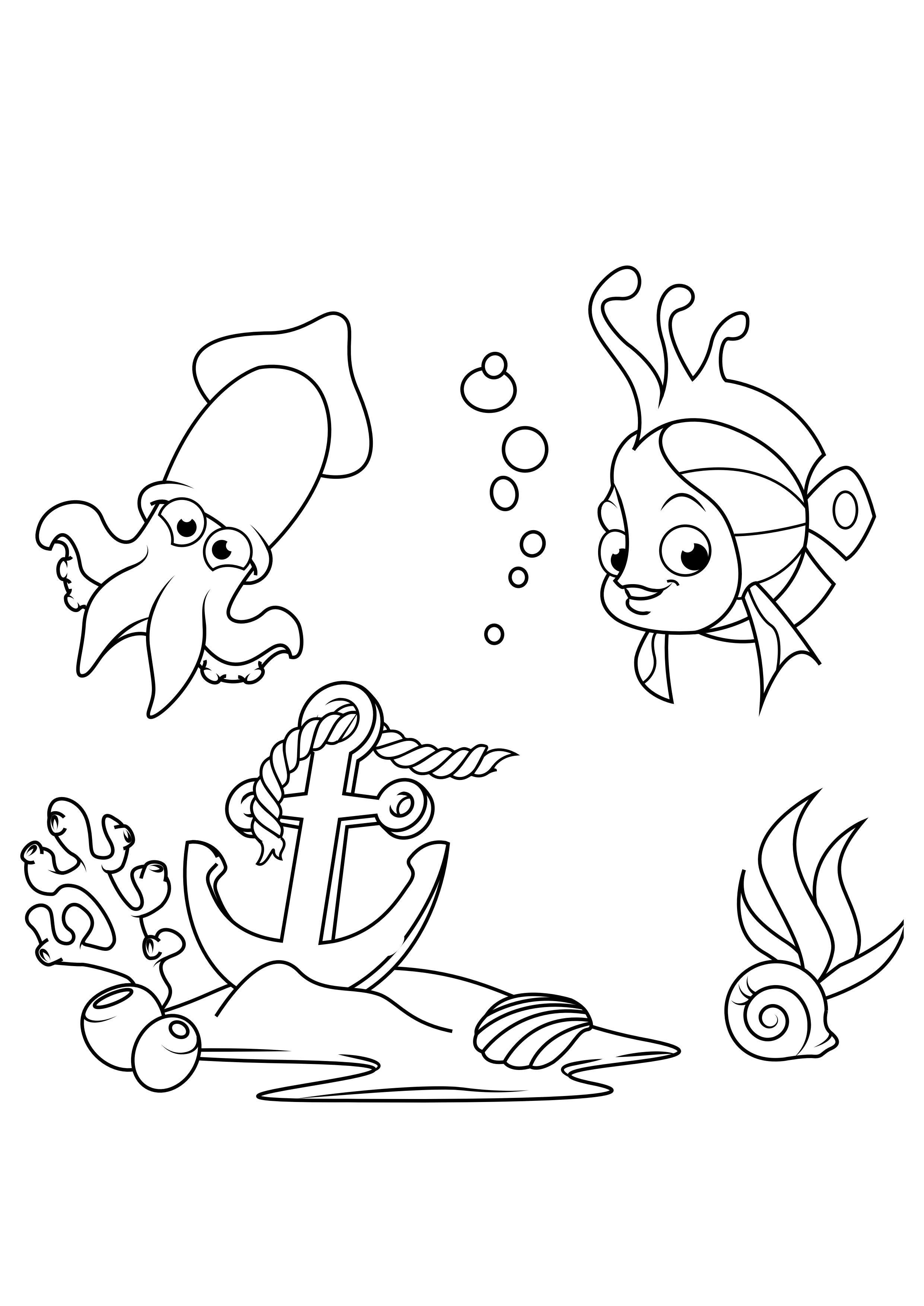 Dibujo para colorear pescado y calamar