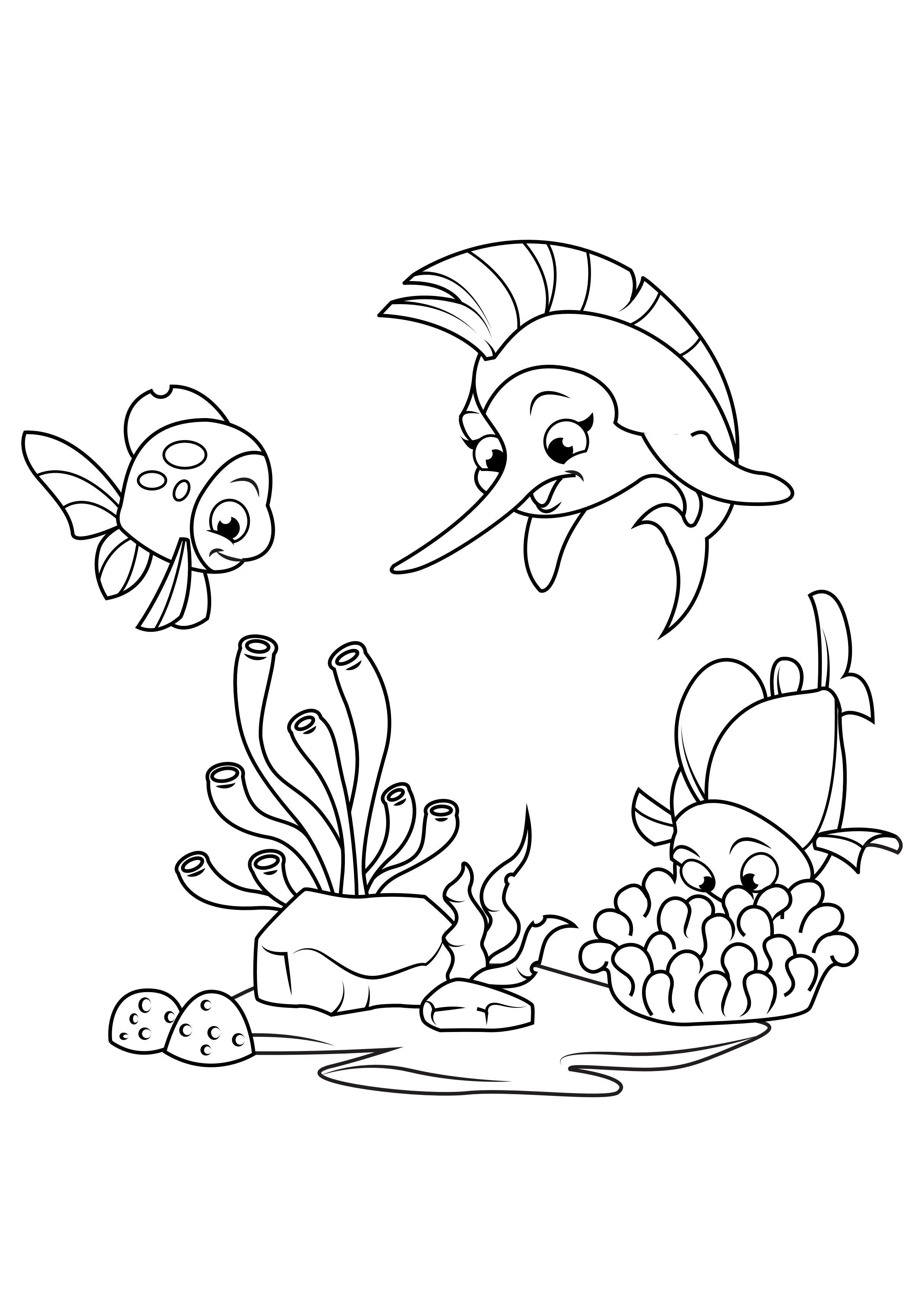 Dibujo para colorear pez espada juega con pescado