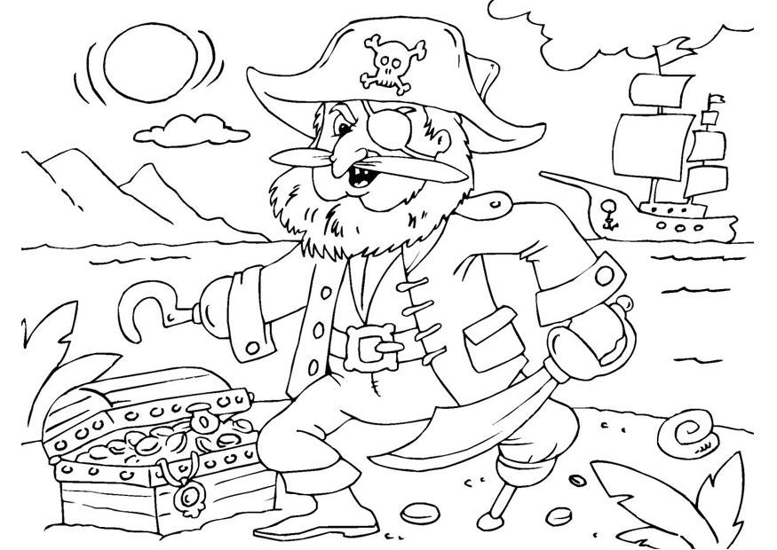 Dibujo para colorear pirata con tesoro