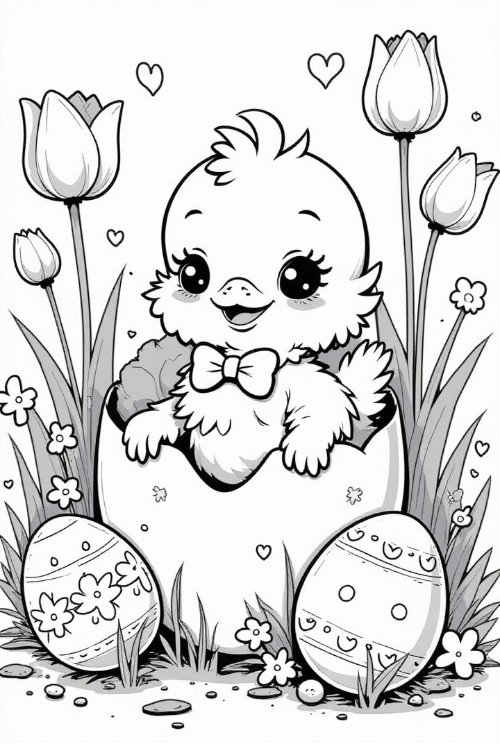Dibujo para colorear Pollito de Pascua con huevo de Pascua