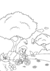 Dibujo para colorear primavera, ciclismo en el jardÃ­n