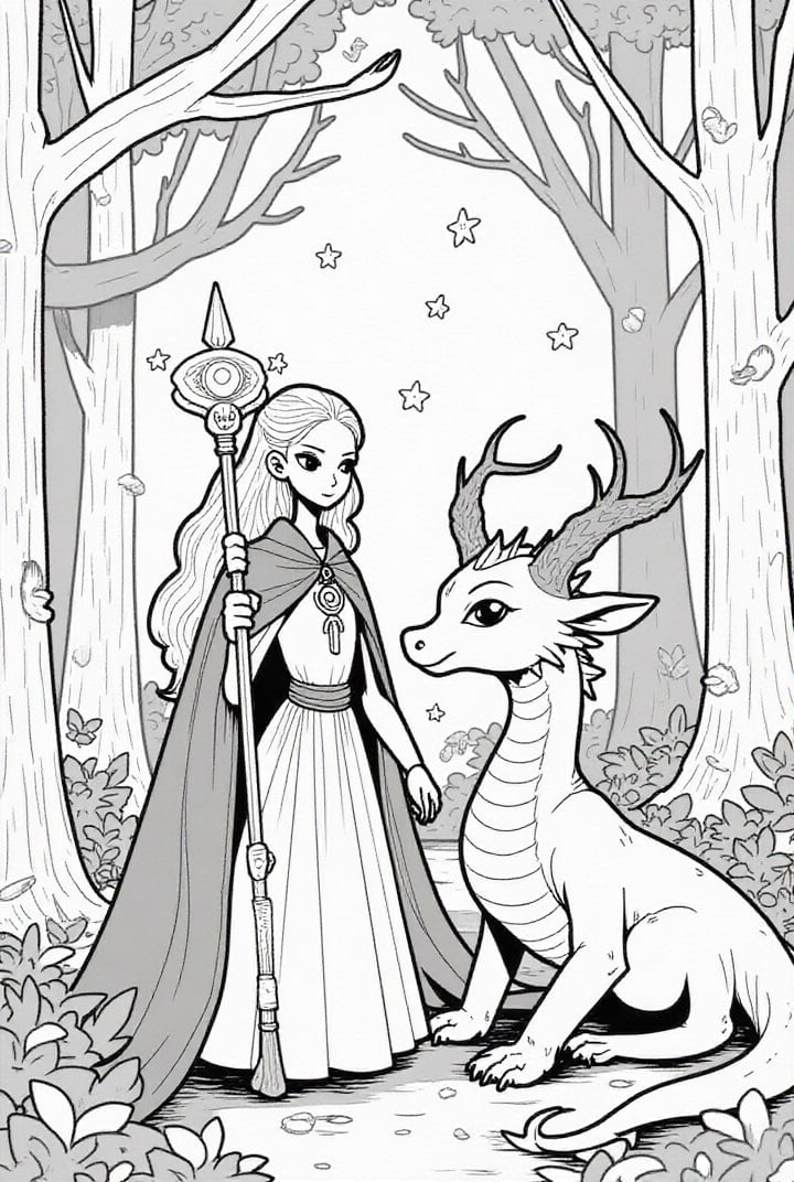 Dibujo para colorear Princesa en el bosque con dragÃ³n