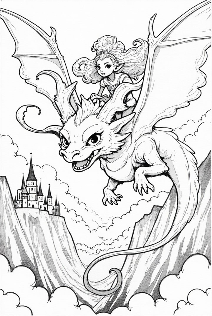Dibujo para colorear Princesa en su dragÃ³n volador