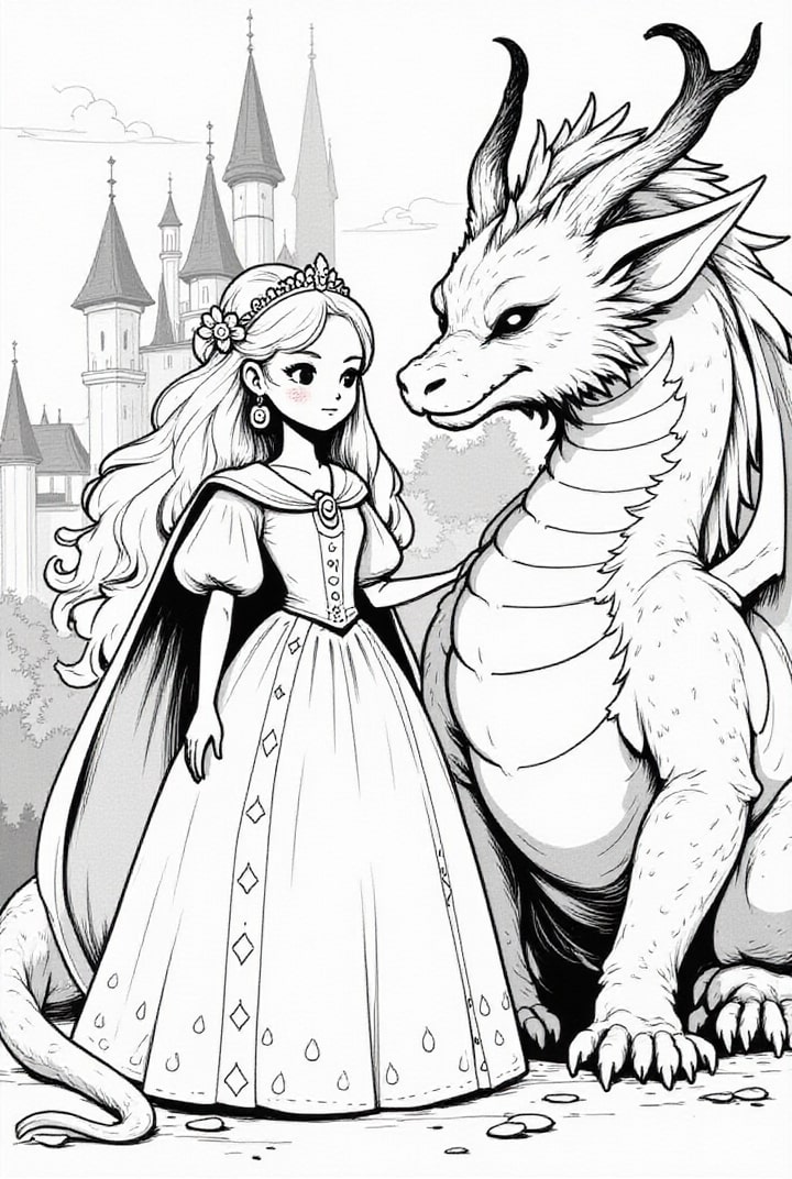Dibujo para colorear Princesa valiente con su dragÃ³n