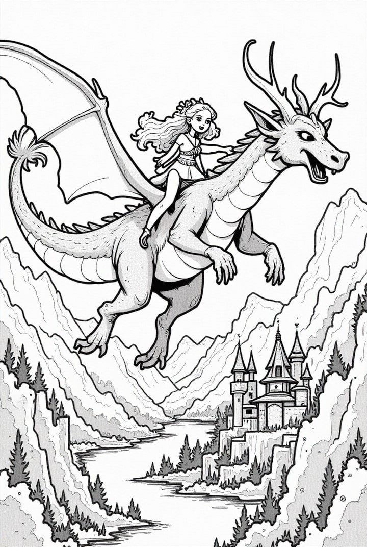 Dibujo para colorear Princesa volando en su dragÃ³n