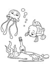 Dibujo para colorear pulpo y pescado con botella