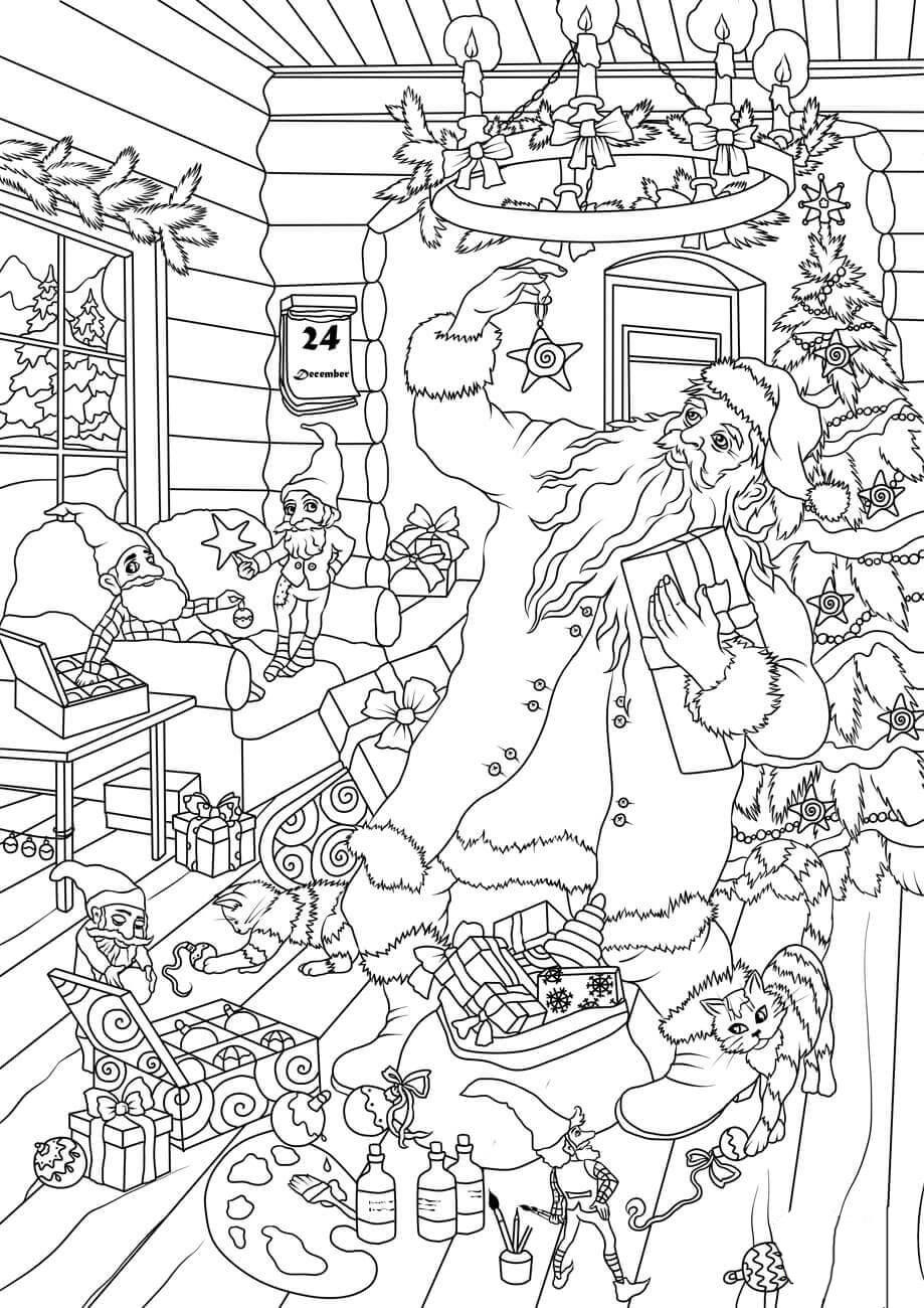 Dibujo para colorear Santa y los elfos eligen paquetes