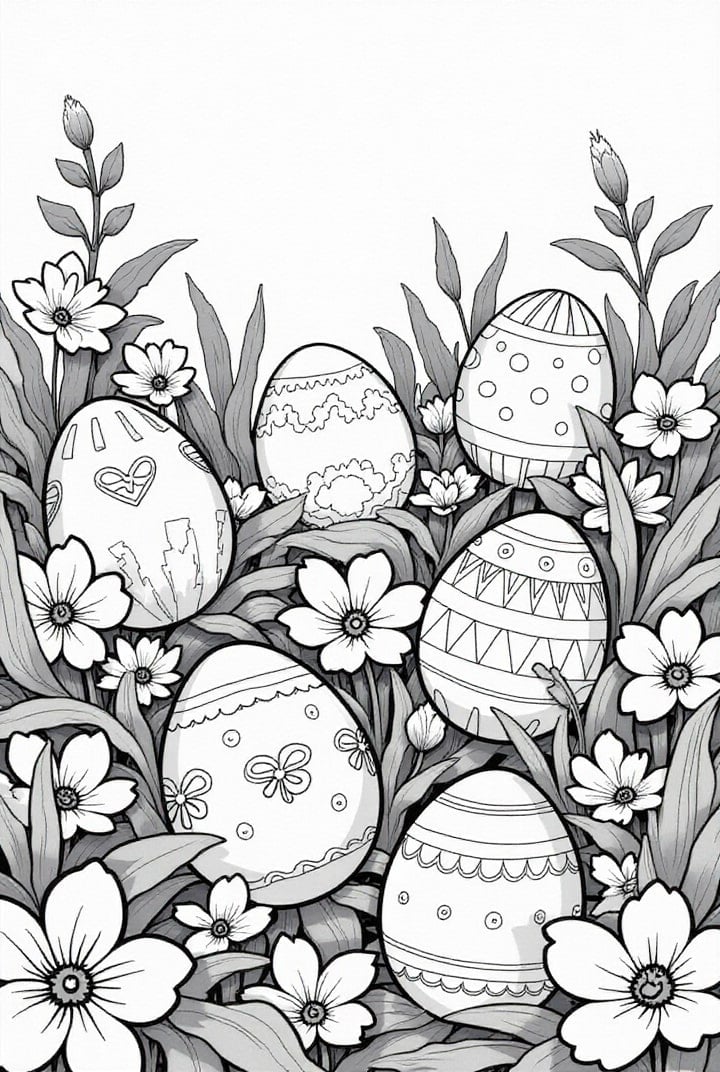 Dibujo para colorear Seis huevos de Pascua en el jardÃ­n.