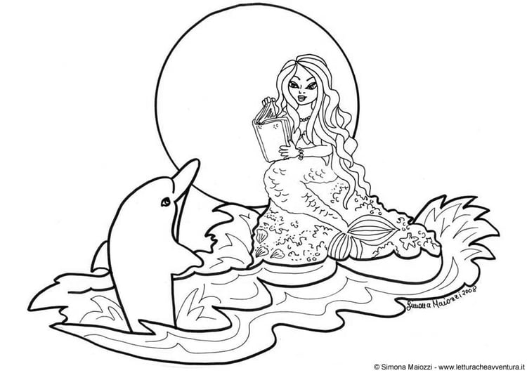 Dibujo para colorear Sirena con delfÃ­n