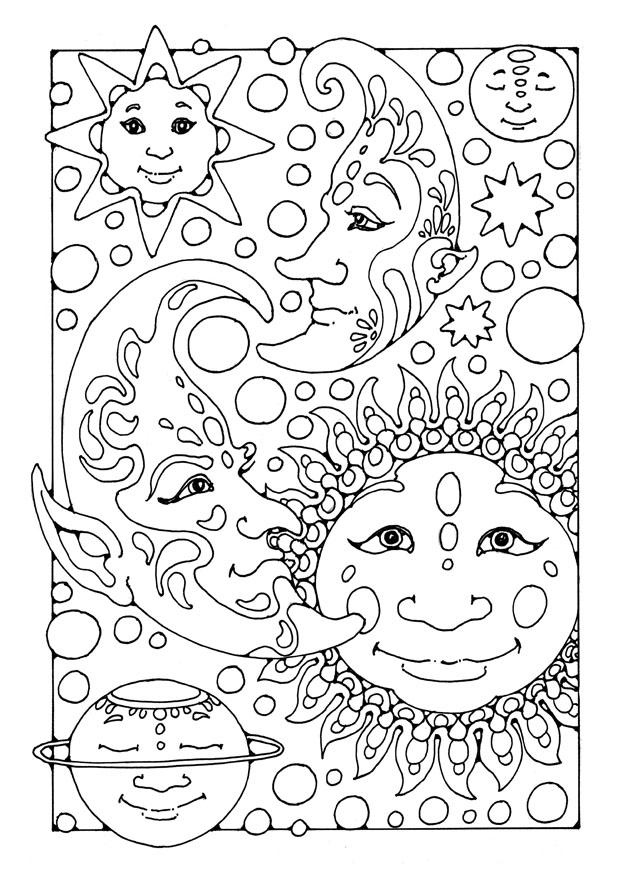 Dibujo para colorear sol, luna y estrellas