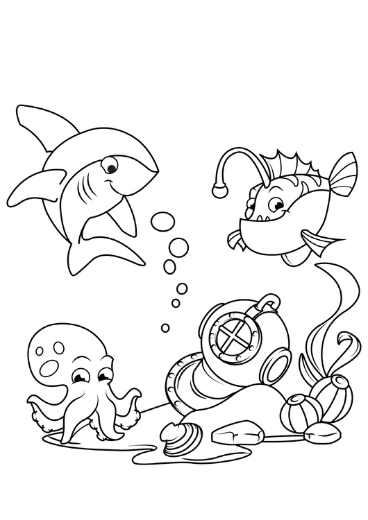 Dibujo para colorear tiburÃ³n con rape y calamar en el mar