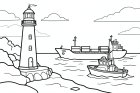 un faro en el puerto con barcos en el mar