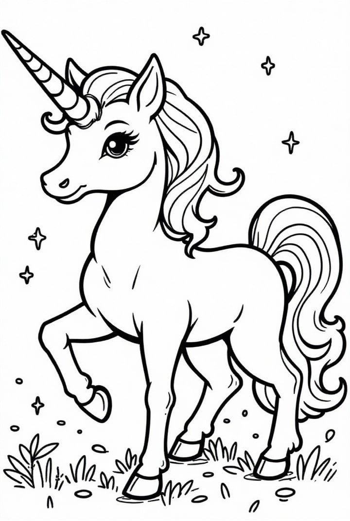 Dibujo para colorear unicornio con estrellas